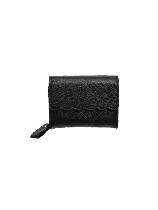 Handbags - Black Scalloped Edge Compact Vegan Faux Leather Wallet With Zipper & Snap Closur